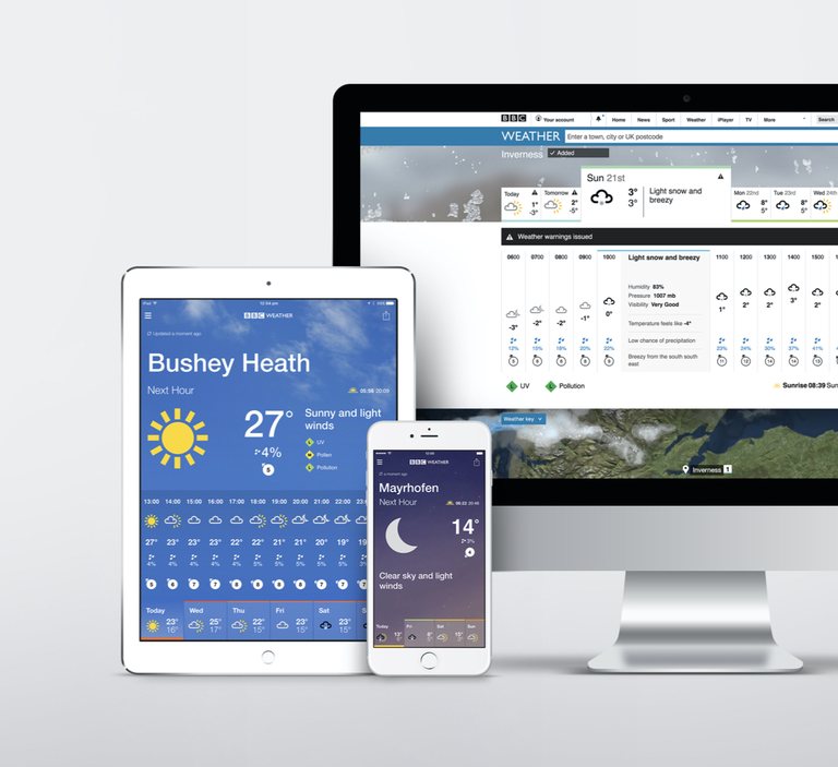 BBC Weather shown on desktop, tablet and phone: a snow forecast for Inverness on the web, the tablet app showing Bushey Heath at 27 degrees, and the phone app showing a clear night in Mayrhofen.
