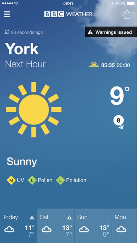 The previous BBC Weather app, York: a large sun symbol, 9 degrees, the word Sunny, UV, pollen and pollution markers and a four-day strip, over a flat blue gradient.