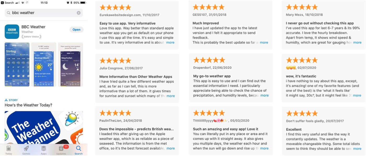 The BBC Weather App Store listing marked Editors' Choice with three app screenshots, beside nine five-star reviews praising the app's clarity, hourly detail and accuracy.