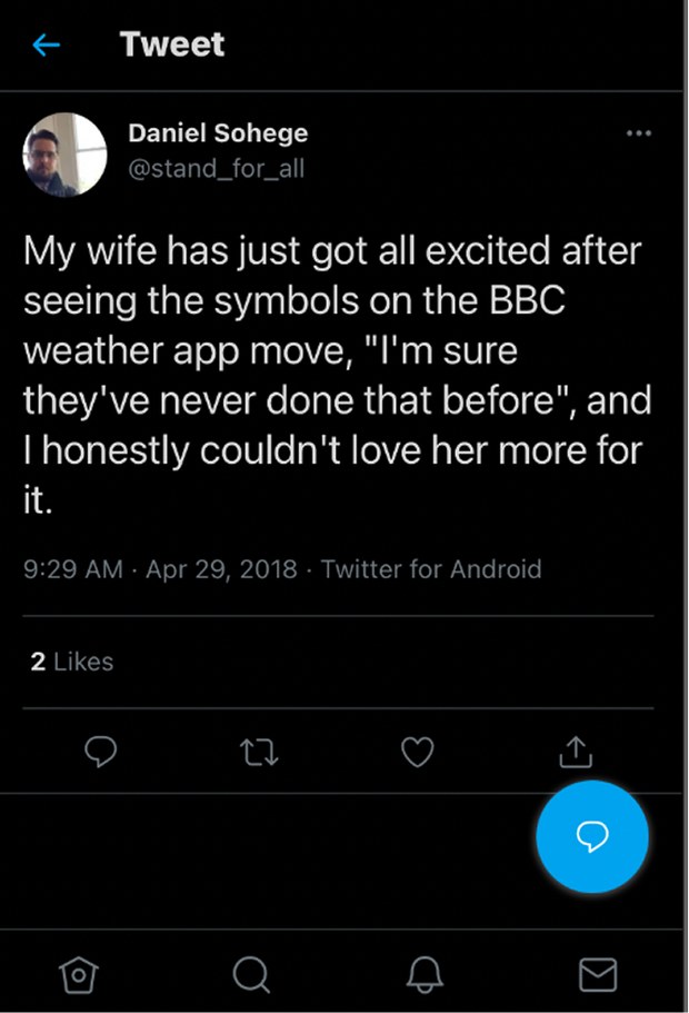 A tweet from April 2018 describing the writer's wife noticing that the symbols in the BBC Weather app now move.