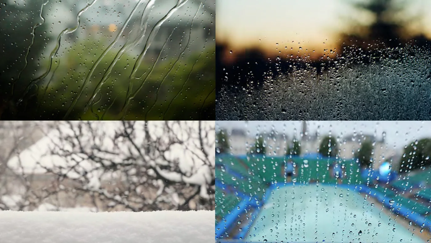 Four reference photographs of weather seen through glass: rain running down a window, condensation at dusk, frost with bare branches beyond, and rain over a swimming pool.