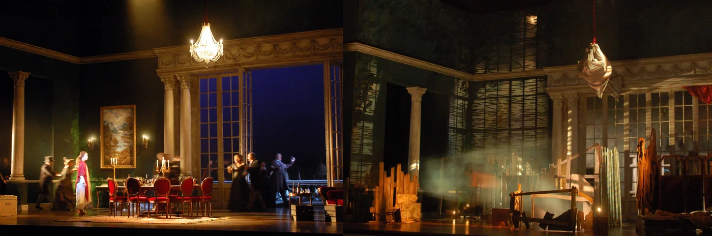A theatre stage set shown two ways: fully lit in performance, with painted columns, a chandelier and a dining scene in front of a night-sky backdrop; and from the wings, revealing the same backdrop as raw painted flats and rigging.
