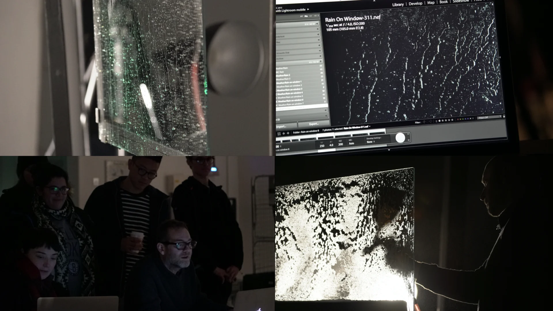 Four frames from the studio shoot: glass sprayed with green-tinted droplets and lit from behind, a Lightroom catalogue of rain-on-window frames, the team reviewing shots on a laptop at an opening, and a large frosted pane glowing white with a technician silhouetted beside it.