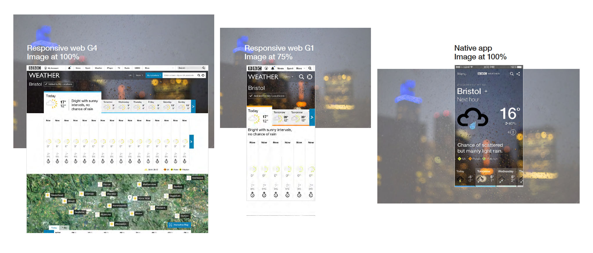 A crop study showing the same rain-on-window weather image used across wide responsive web, narrower responsive web and native app layouts.