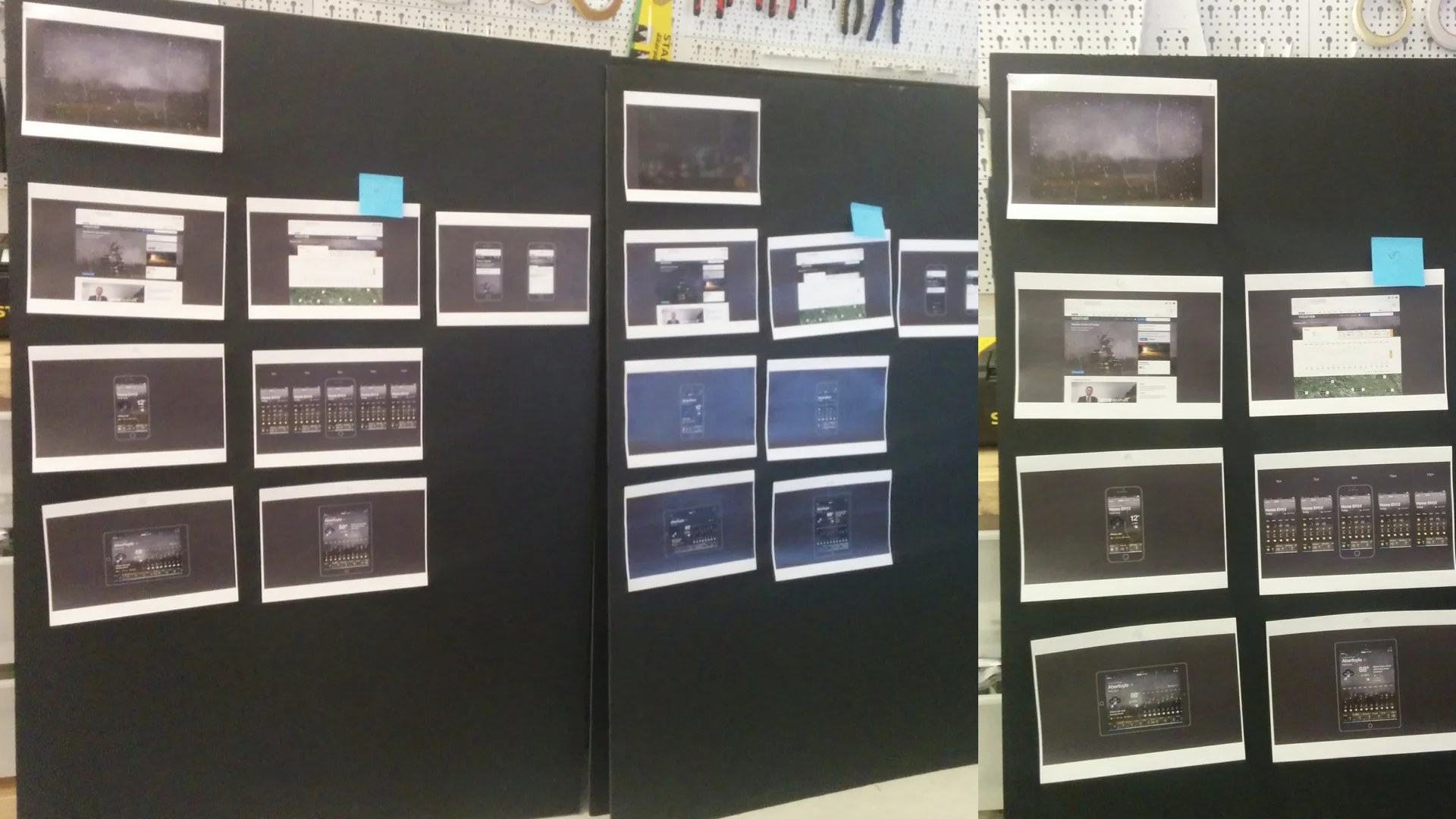 Three development boards side by side, each showing a reference photo at top and grid of printed app-screen variants below, tracking how the imagery evolved across rounds.