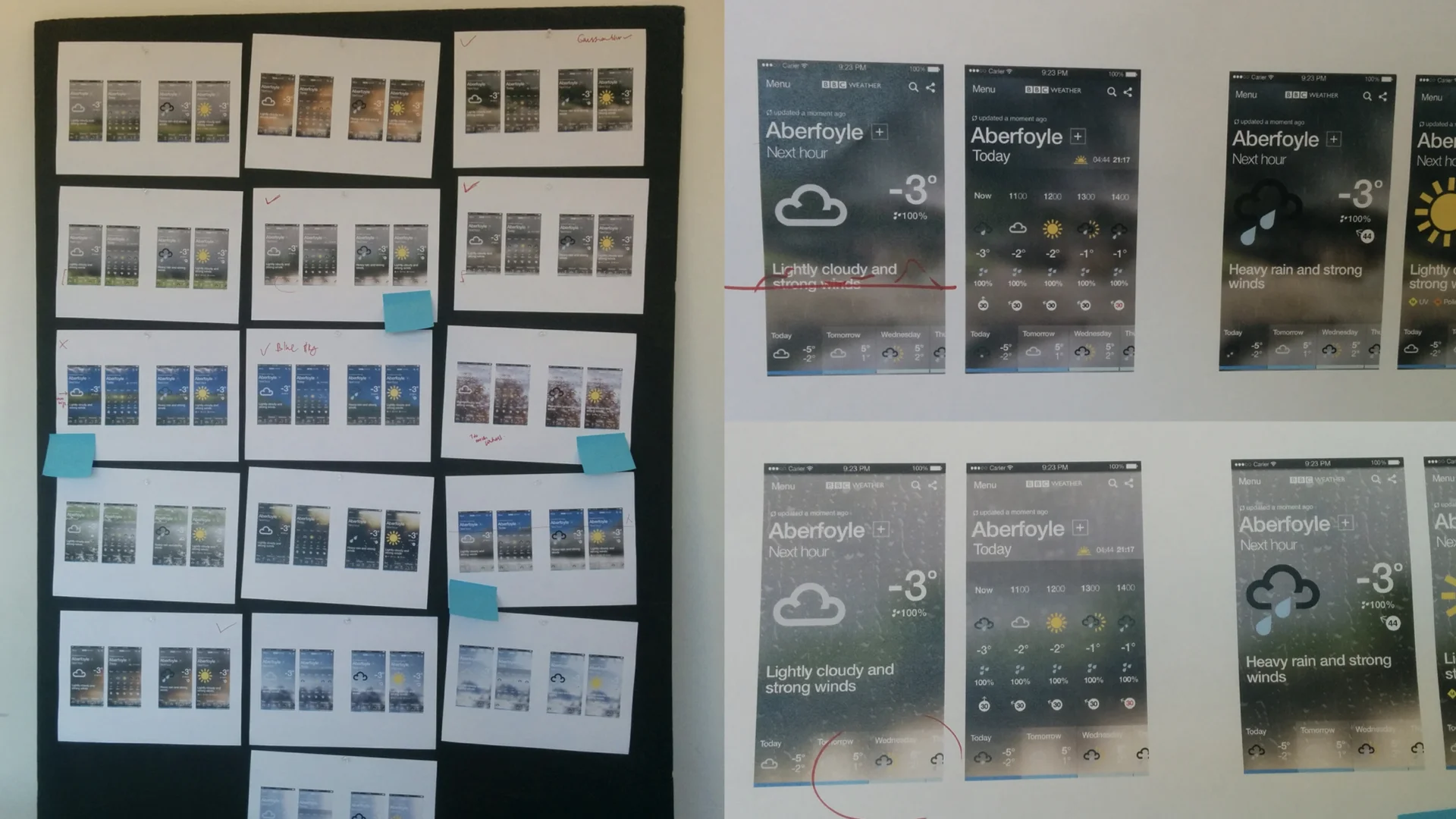 A development board of printed screen variants beside close-up crops of individual states, showing the review process in progress.