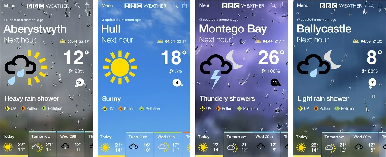 Four finished app screens side by side: Aberystwyth heavy rain shower, Hull sunny, Montego Bay thundery showers and Ballycastle light rain shower, each with distinct imagery, on a white background.