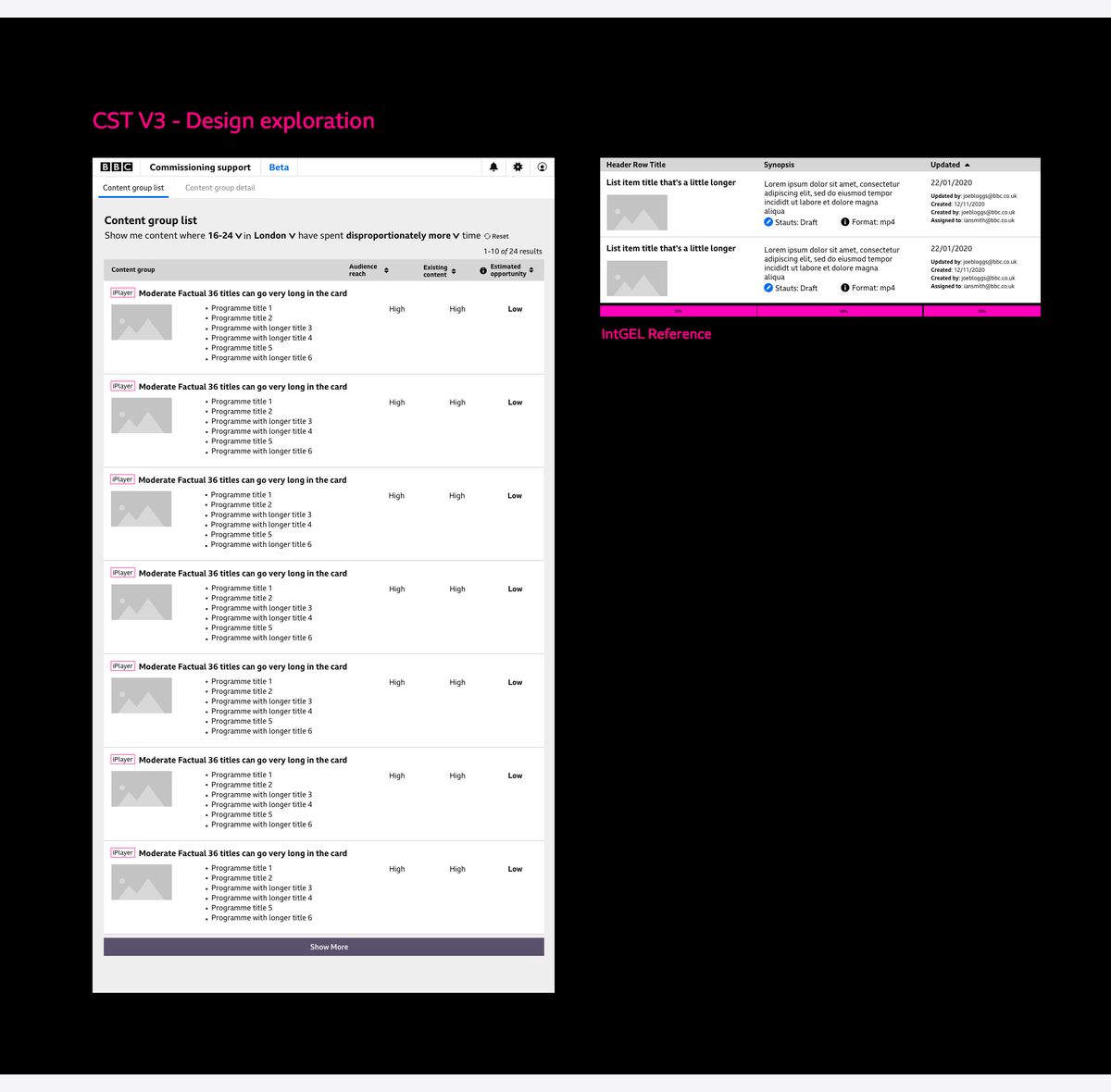 A design exploration of the same list placed next to the BBC GEL reference component it was checked against.