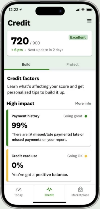 Credit Build home screen showing a credit score of 720 out of 900 and a list of high-impact credit factors.
