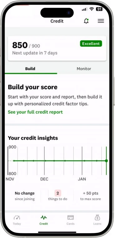 Credit Build dashboard showing score, a score history chart and prompts for what to do next.