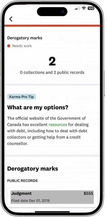 Derogatory marks screen showing two public records, a Karma Pro Tip explaining the member's options, and the records listed below.