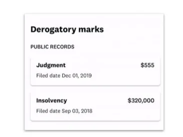 Public records card listing a judgment of $555 and an insolvency of $320,000 with filing dates.