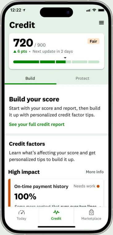 Credit home screen with the score at the top and Credit Build entry points directly beneath it.