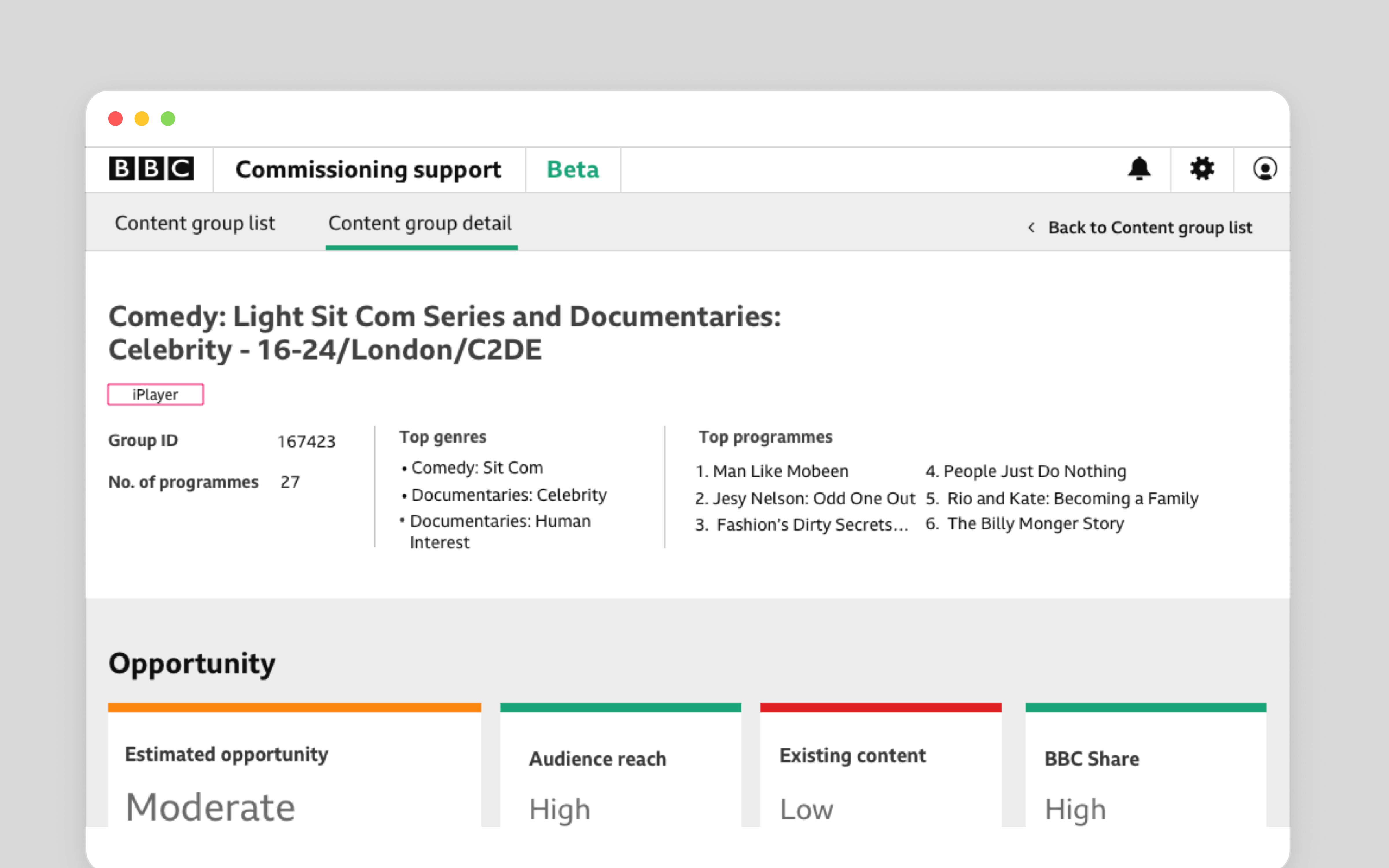 BBC commissioning support screen showing a content group and opportunity metrics.