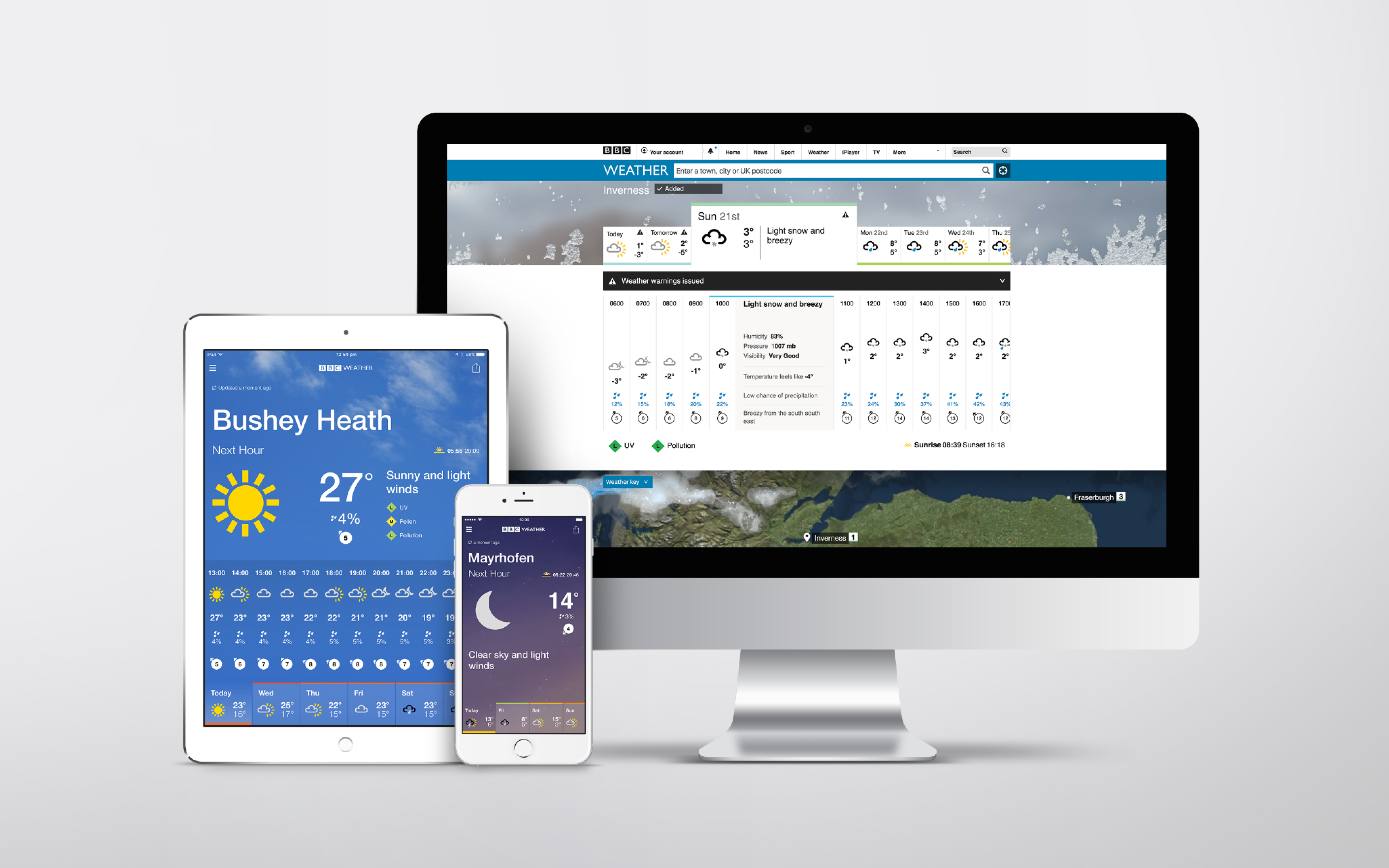 BBC Weather experience shown across desktop, tablet and mobile devices.