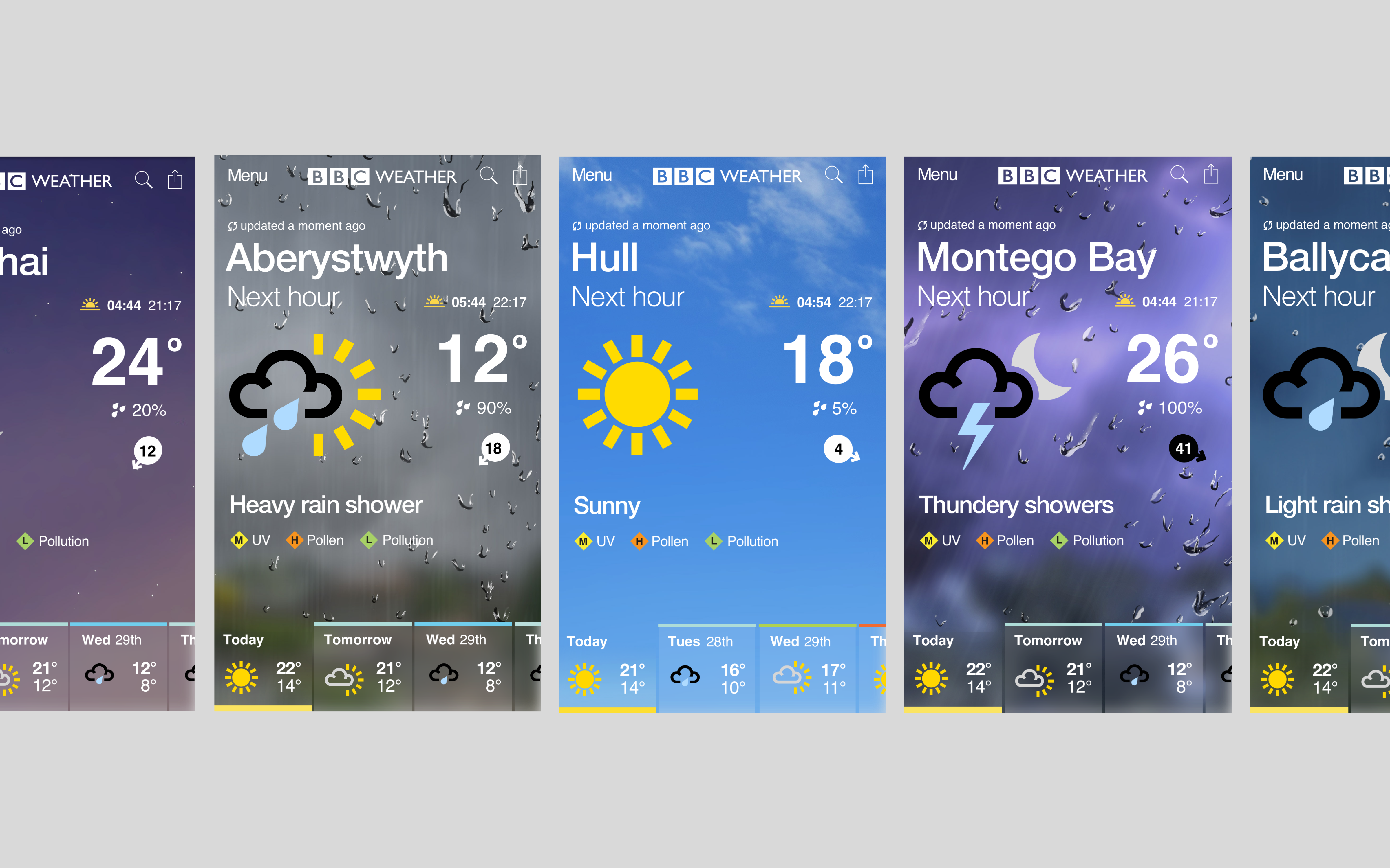 BBC Weather app screens showing sunny, thundery showers and rain conditions.