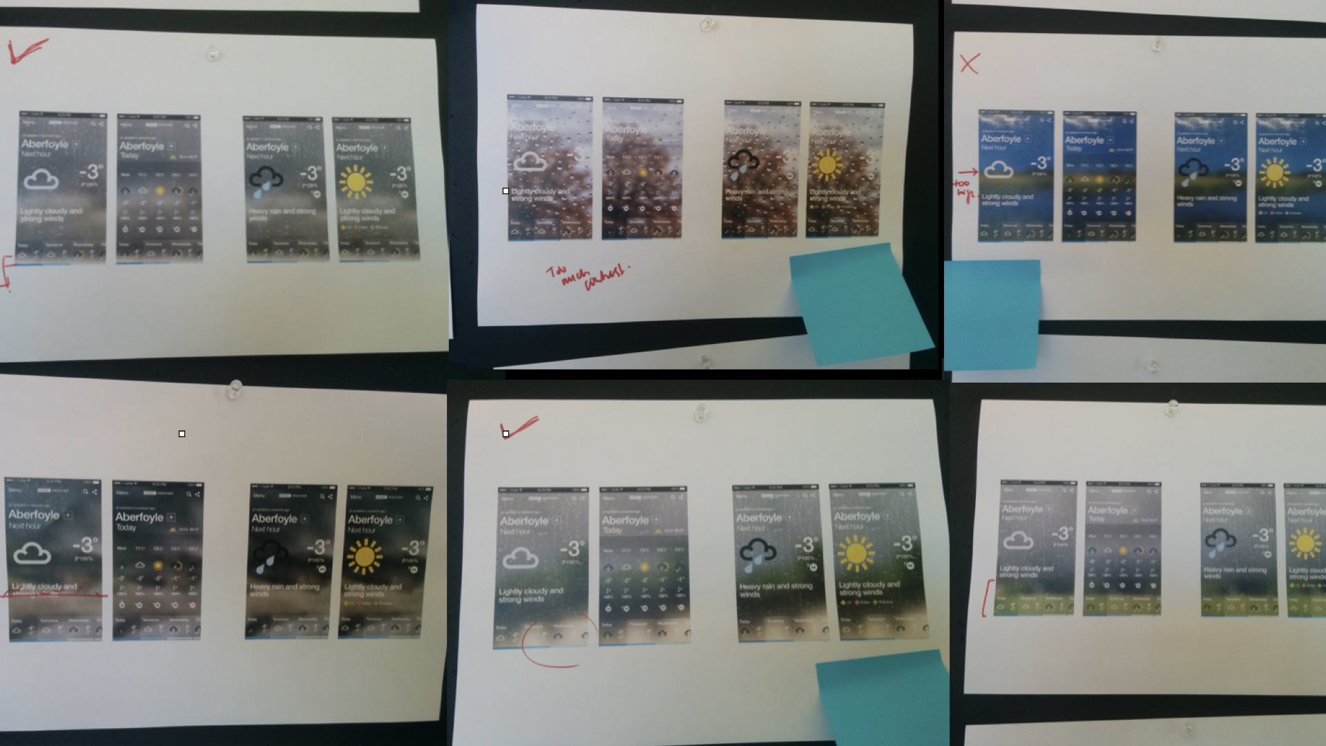 Image crop and composition tests for the BBC Weather app screens pinned up for review.