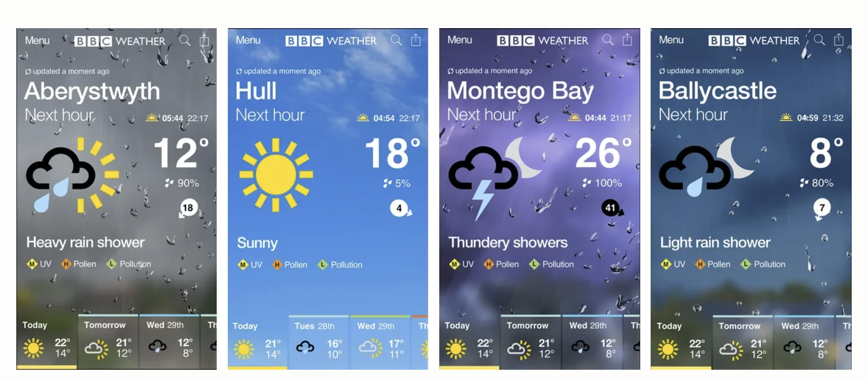 Four BBC Weather app phone screens showing different weather states and locations.