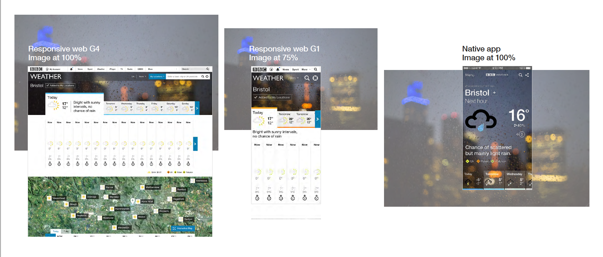 Work-in-progress BBC Weather app imagery shown across web and native app layouts.